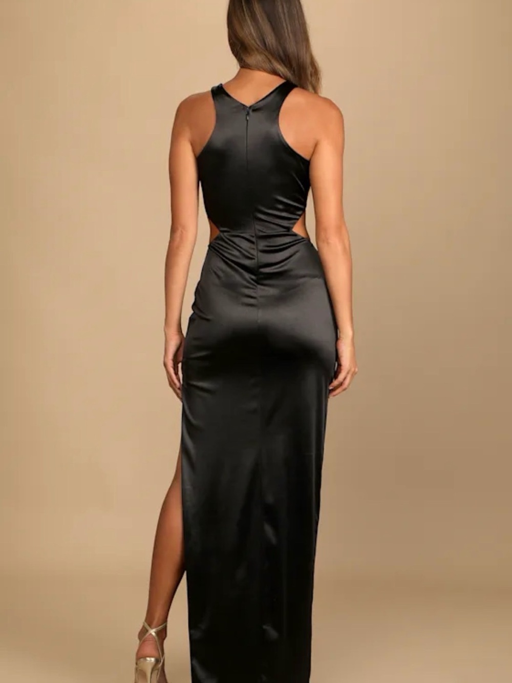 Lulu's Black Satin Cutout Maxi Dress with Side Slit - Picture 4 of 7